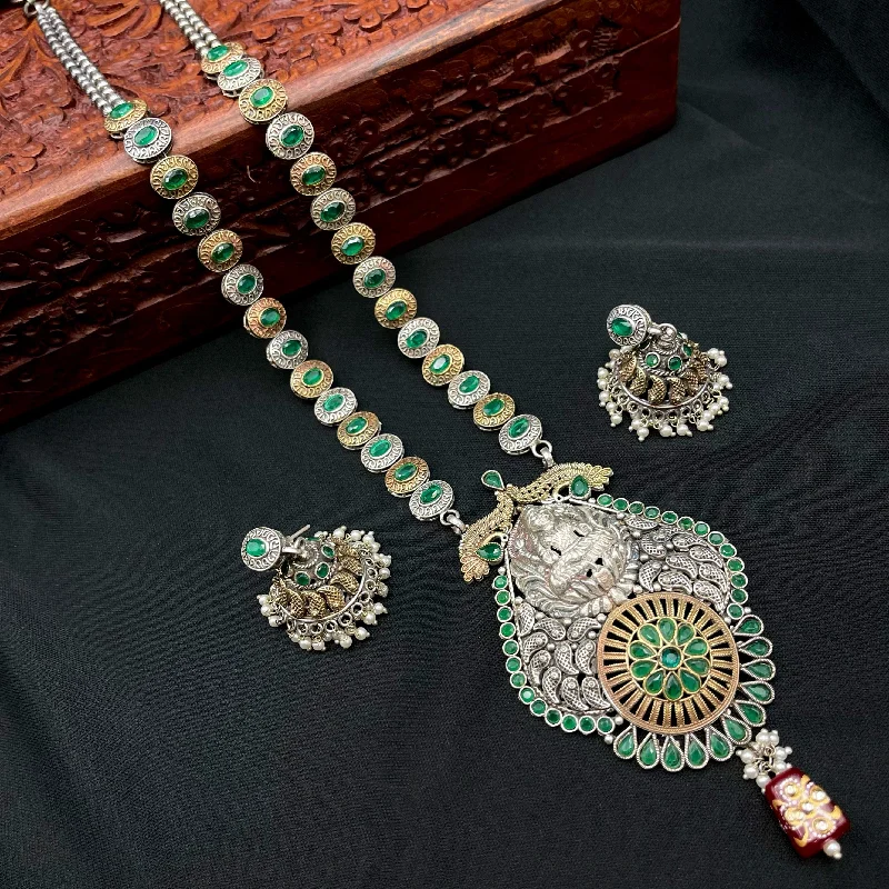 women's silver chain necklaces-Premium Lakshmi Oxidized German Silver Necklace in AD Green stones