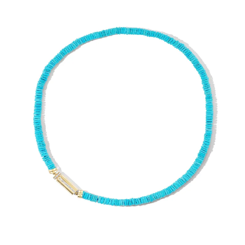 women's bridal necklaces-TURQUOISE NECKLACE WITH BAGUETTE DIAMOND VIAL CLASP IN 18K YELLOW GOLD