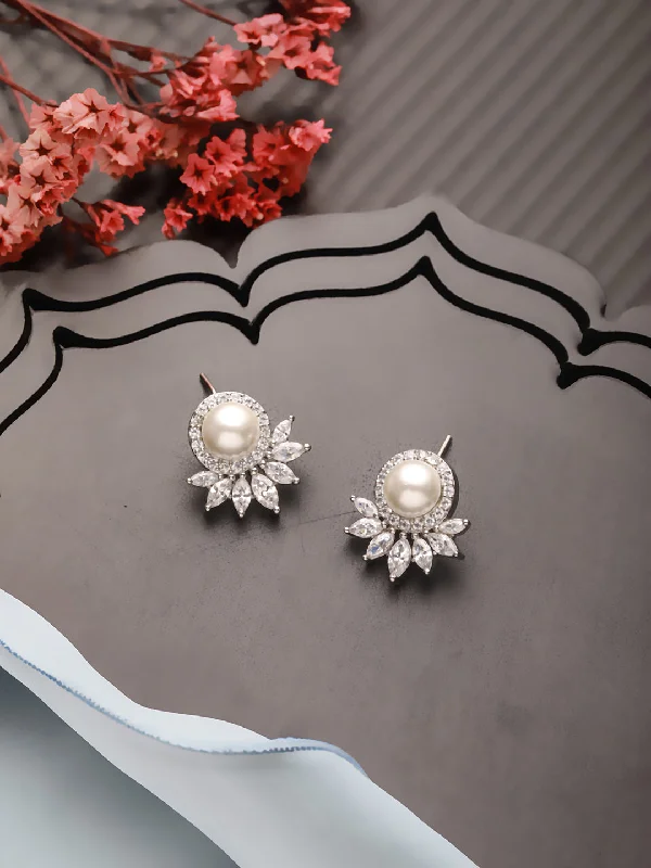 women's silver stud earrings-Silver Plated Ad & Pearl Studded Studs Earrings