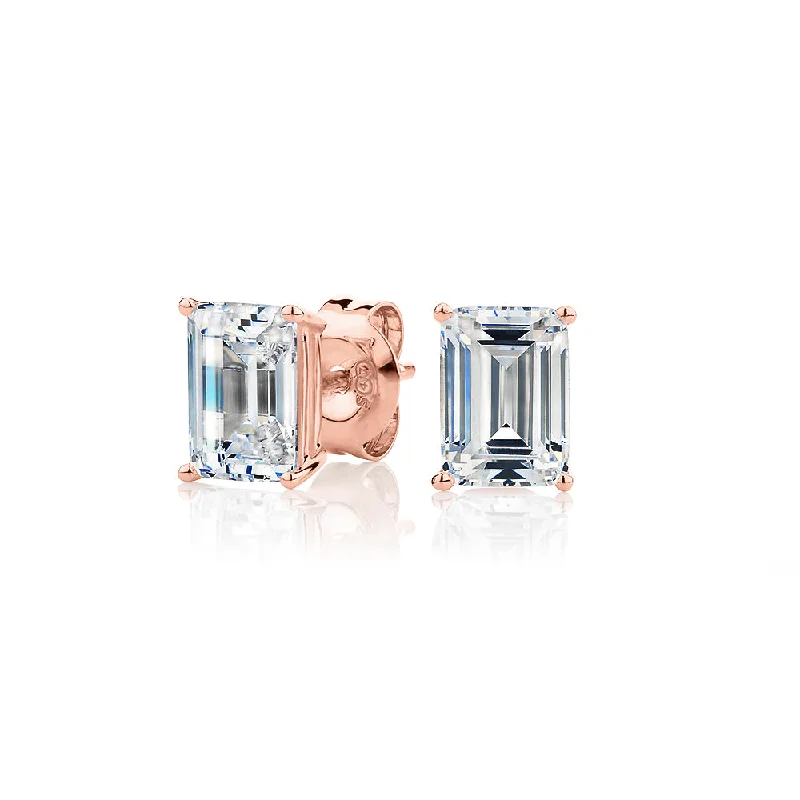 women's high-end earrings-Emerald Cut stud earrings with 2 carats* of diamond simulants in 10 carat rose gold