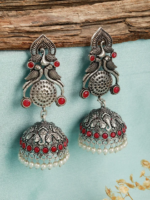 women's luxury hoop earrings-Red Stone Studded & Pearl Beaded Peacock Shaped Temple Jhumka Earrings