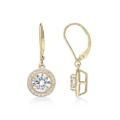 women's huggie earrings-Round Brilliant halo drop earrings with 2.27 carats* of diamond simulants in 10 carat yellow gold