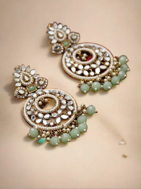 women's butterfly earrings-Mint Green Gold-Plated Stone Studded & Beaded Crescent Shaped Chandbalis Earrings