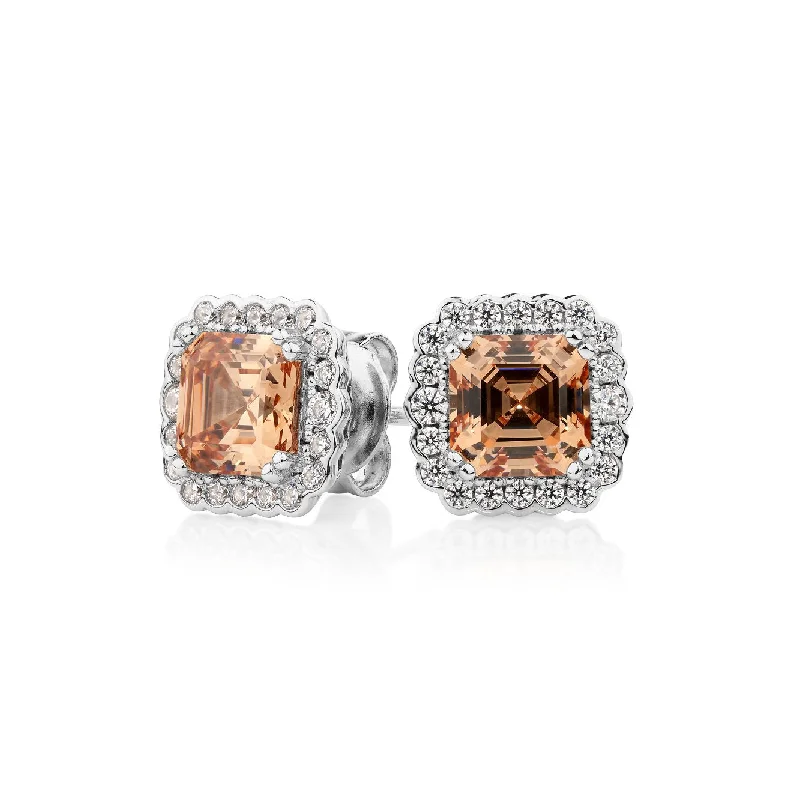 women's hoop earrings-Asscher and Round Brilliant halo stud earrings with 2.9 carats* of diamond simulants in sterling silver