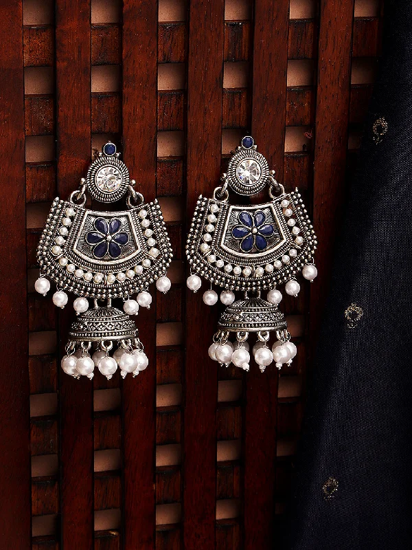 women's luxury hoop earrings-Blue Kundan & White Pearl Beaded Floral Ethnic Jhumka Drop Earrings