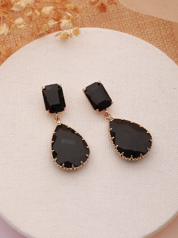 women's crystal earrings-Jazz and Sizzle Gold-Plated Black Transparent Stone Studded Contemporary Tear Drop Earrings