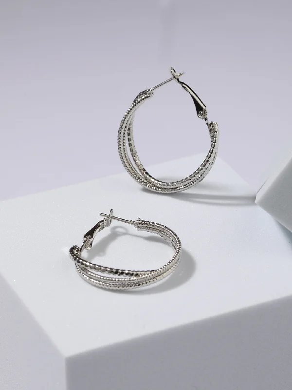 women's infinity loop earrings-Sliver Plated Textured Circular Hoop Earrings