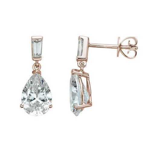 women's birthstone earrings-Pear and Baguette drop earrings with 3.9 carats* of diamond simulants in 10 carat rose gold