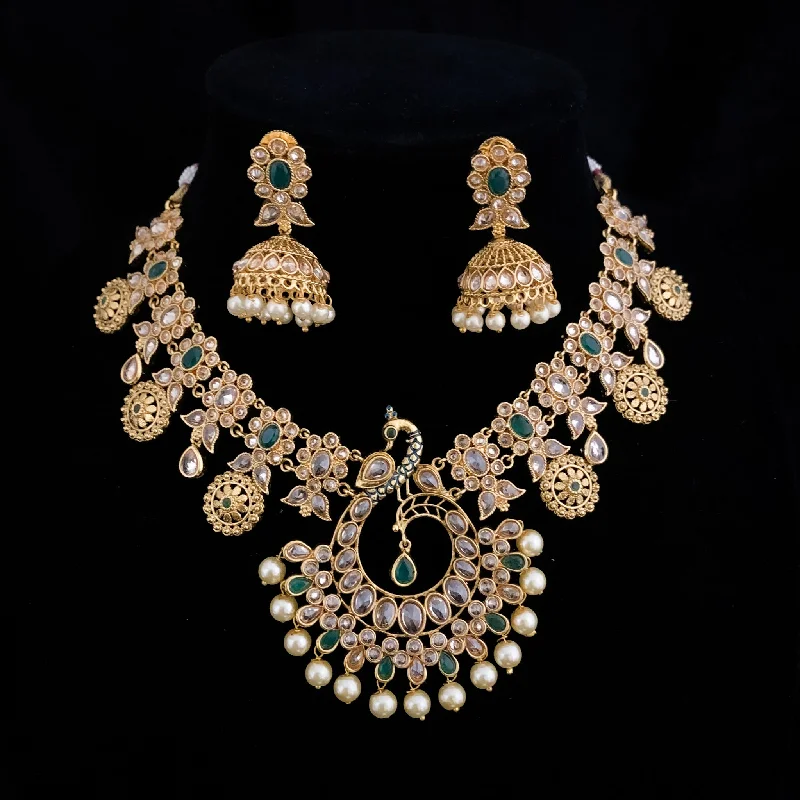 women's gemstone necklaces-Magnificient Peacock Antique Gold Necklace Set with LCD stones and jhumka