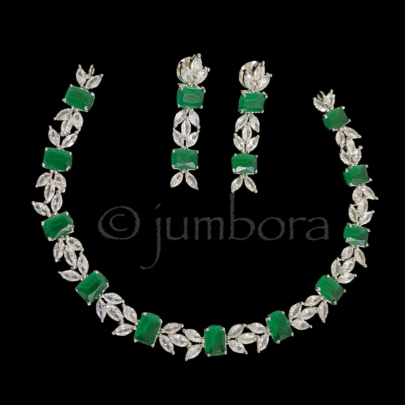 women's bridal necklaces-Contemporary White and Emerald Green AD (Zircon) Necklace Set