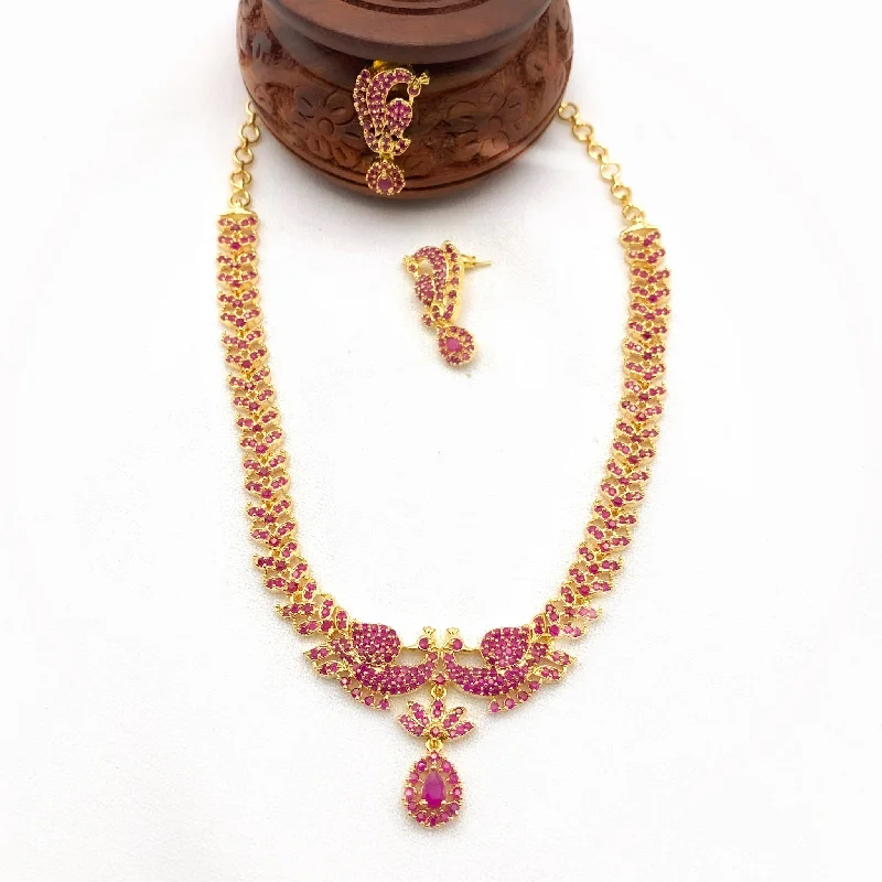 women's birthstone necklaces-Ruby Red Zircon (CZ) Stone Peacock Necklace and Earring