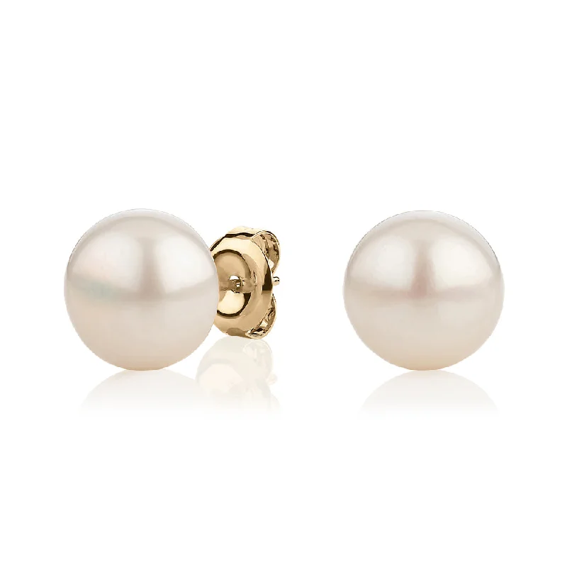 women's trendy drop earrings-Cultured freshwater pearl 11mm stud earrings in 10 carat yellow gold