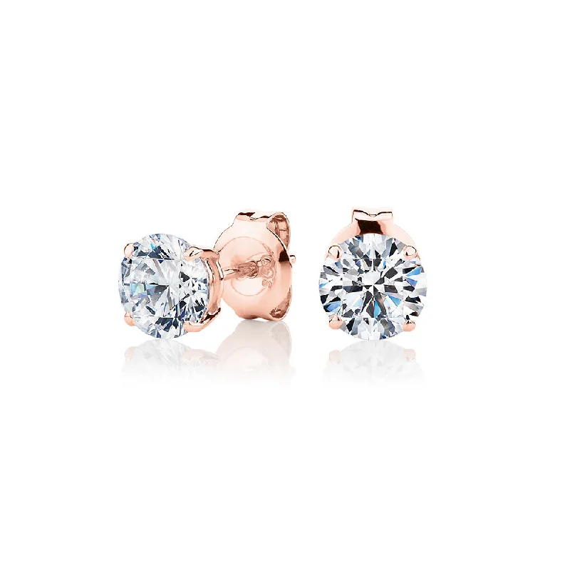 women's customized earrings-Round Brilliant stud earrings with 1.5 carats* of diamond simulants in 10 carat rose gold