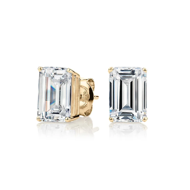 women's antique earrings-Emerald Cut stud earrings with 3 carats* of diamond simulants in 10 carat yellow gold