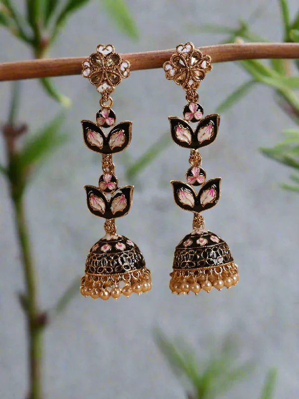 women's romantic drop earrings-Black & Pink Meenakari Enamel Dome Shaped Long Jhumka Earrings