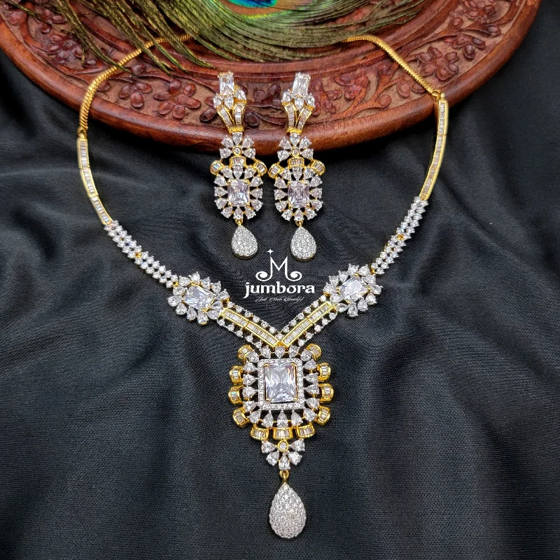 women's beaded necklaces-White Zircon (CZ) Stone Diamond Alike AD Necklace Set