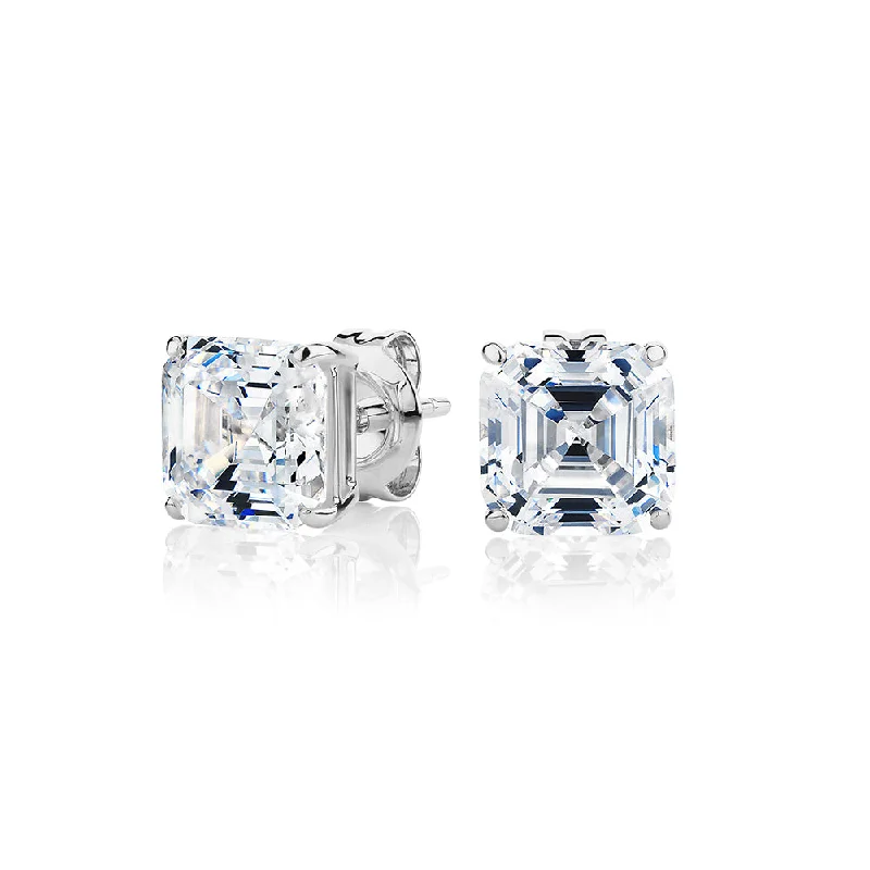 women's hoop earrings with crystals-Asscher stud earrings with 3 carats* of diamond simulants in 10 carat white gold