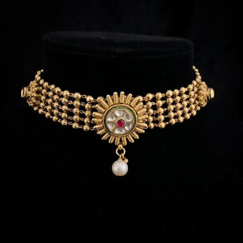 women's custom name necklaces-Beautiful Traditional Antique Gold Choker Necklace Set with Kundan stones and Jhumka