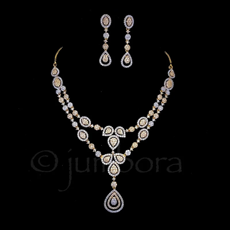 women's engraved gold necklaces-Double row Dual Tone White AD Zircon (CZ) Necklace set