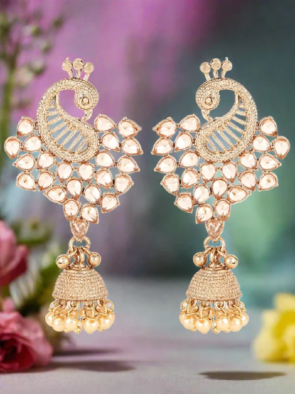 women's huggie earrings-Gold-Plated Cz Studded Pearl Beaded Peacock Shaped Jhumka Drop Earrings