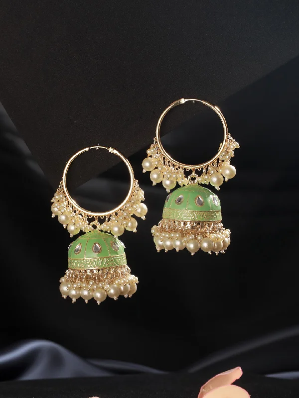 women's classic diamond earrings-Gold Plated Kundan Studded Green Hoop Jhumka Earrings