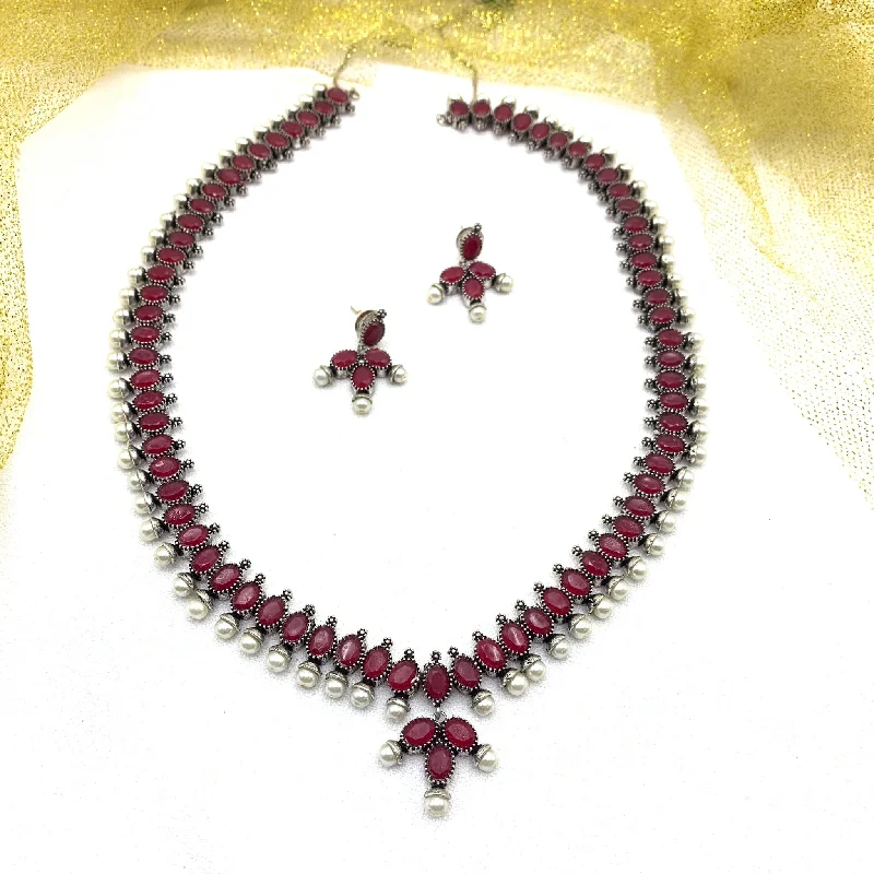 women's rose gold necklaces-Long Oxidized Silver Necklace in Ruby Red and Pearl