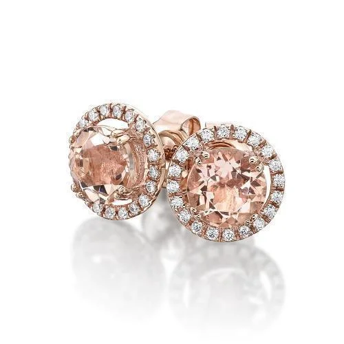 women's luxury earrings-Round Brilliant stud earrings with morganite simulants and 0.2 carats of diamond simulants in 10 carat rose gold