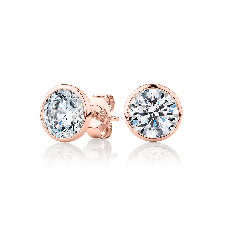 women's clip-on earrings-Round Brilliant stud earrings with 3 carats* of diamond simulants in 10 carat rose gold