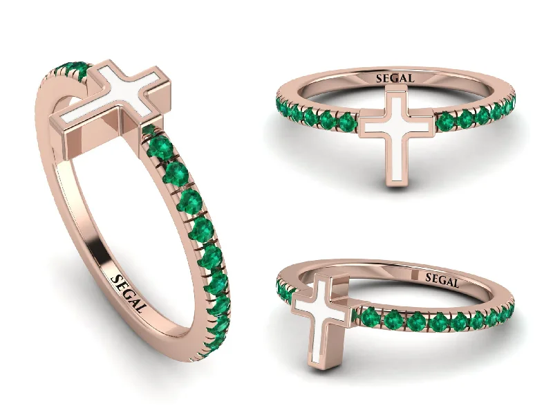 women's promise rings-Elegant Enamel Cross Emerald Ring - Cross No. 5