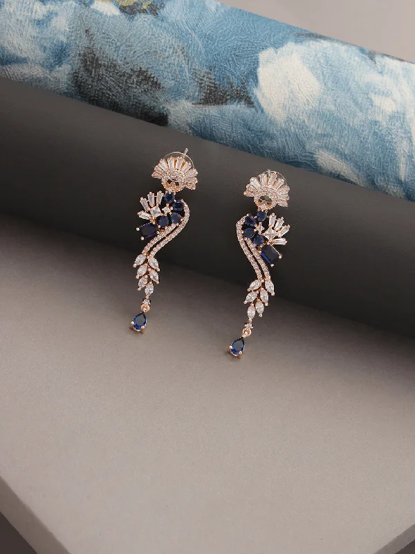 women's matching earrings sets-Rose Gold & Blue American Diamond Studded Floral Drop Earrings