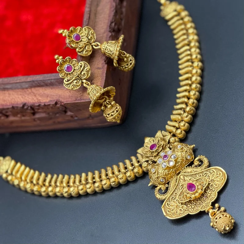 women's initial necklaces-Royal Gold Alike Antique Gold Necklace with jhumka