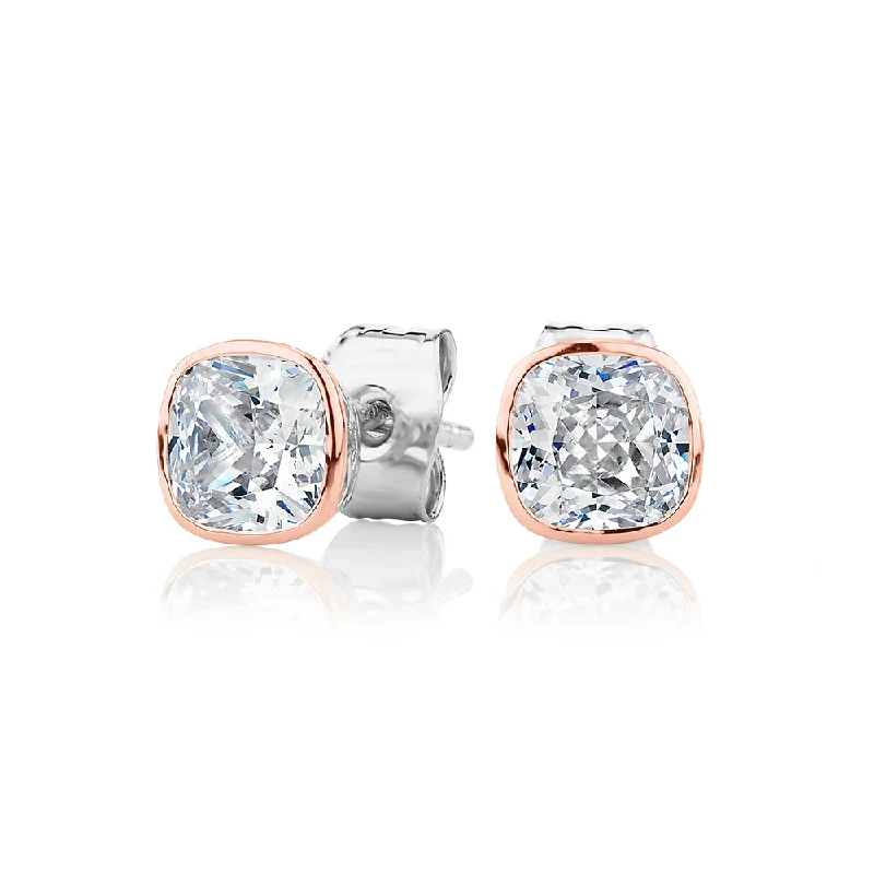 women's small hoop earrings-Cushion stud earrings with 1.52 carats* of diamond simulants in 10 carat rose gold and sterling silver