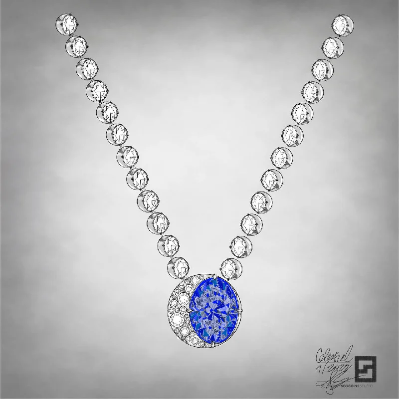 women's pearl drop necklaces-MOON PHASES TENNIS NECKLACE WITH SAPPHIRE AND PAVÉ CRESCENT