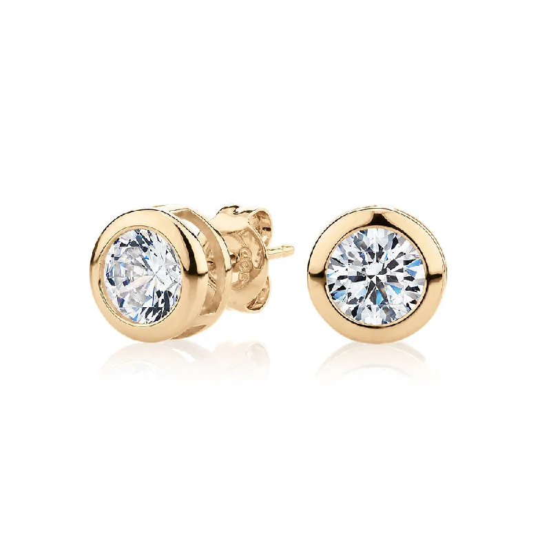 women's butterfly earrings-Round Brilliant stud earrings with 2 carats* of diamond simulants in 10 carat yellow gold