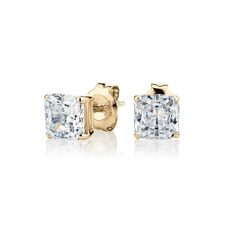 women's elegant drop earrings-Princess Cut stud earrings with 2 carats* of diamond simulants in 10 carat yellow gold