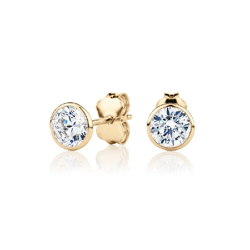 women's large hoop earrings-Round Brilliant stud earrings with diamond simulants in 10 carat yellow gold