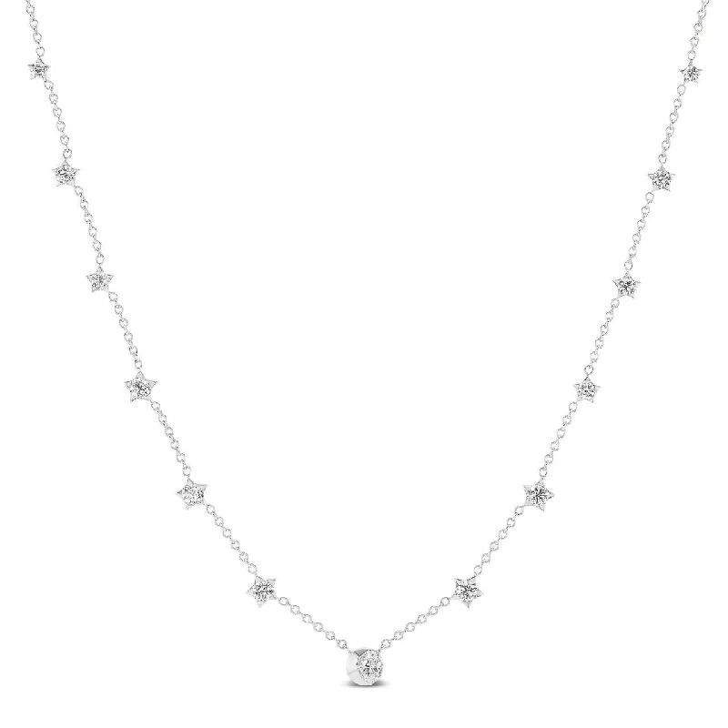 women's celestial charm necklaces-OVAL DIAMOND SOLITAIRE MOON PENDANT WITH MULTI STAR CHAIN NECKLACE