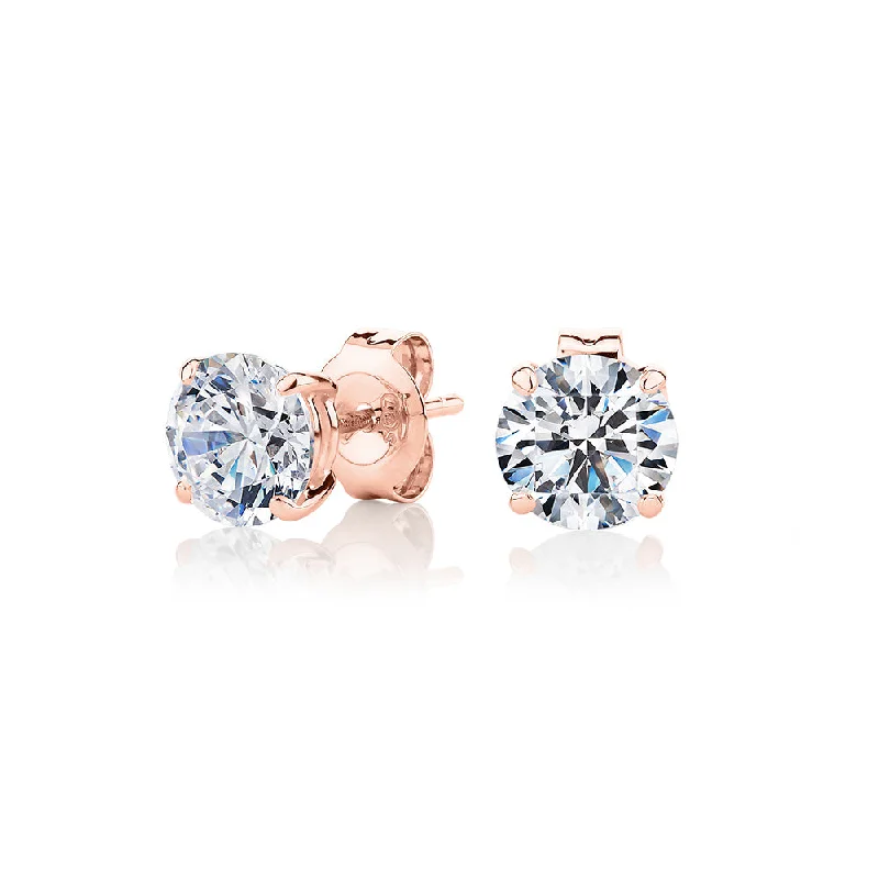 women's diamond earrings-Round Brilliant stud earrings with 2 carats* of diamond simulants in 10 carat rose gold