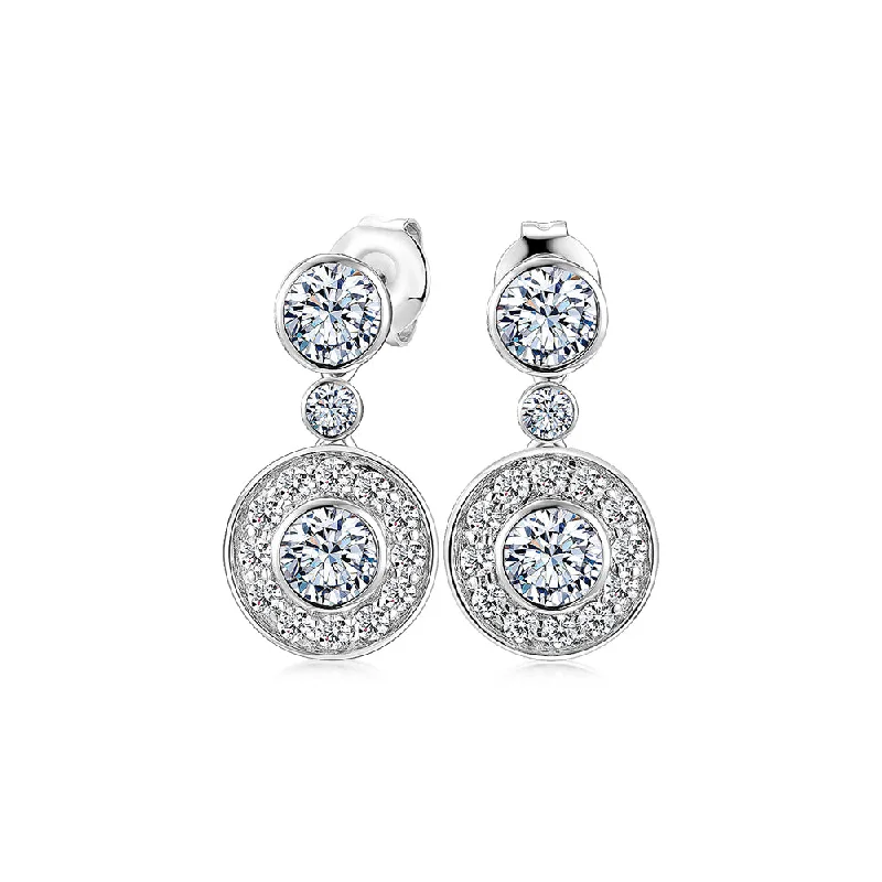 women's bold earrings-Round Brilliant halo stud earrings with 2.4 carats* of diamond simulants in 10 carat white gold