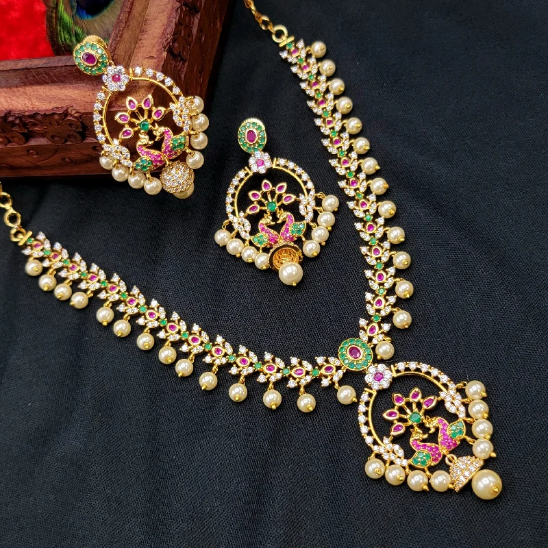 women's luxury pearl necklaces-Multicolor Peacock Zircon (CZ) Stone Necklace set with Pearls