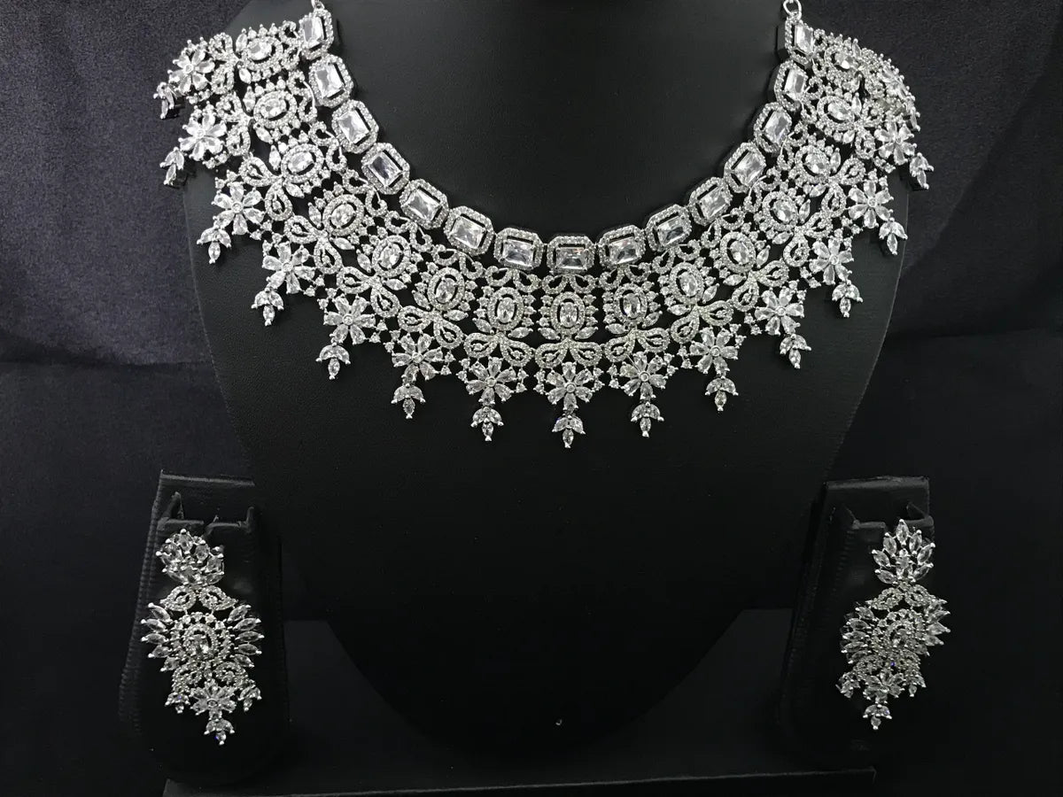 women's gemstone drop necklaces-American Diamond Cluster White Elegant Bridal Necklace With Earrings