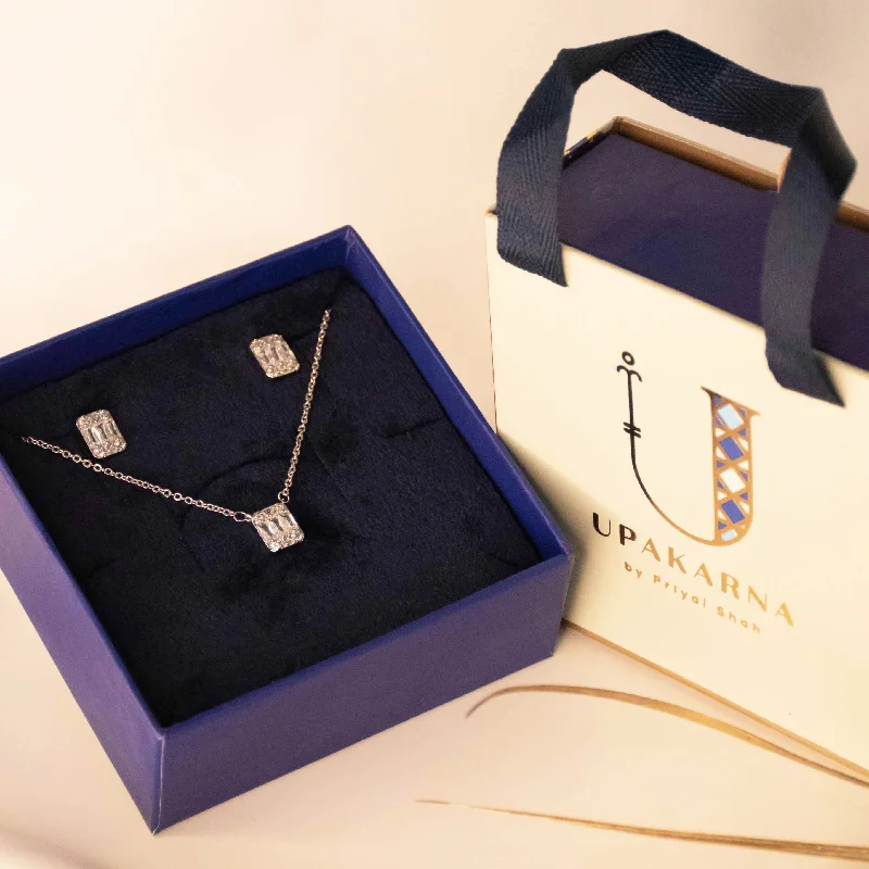 women's initial necklaces-Crystal Studded Rectangular Necklace Gift Set