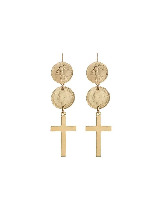 women's gold stud earrings-Gold Double Coin Cross Earrings