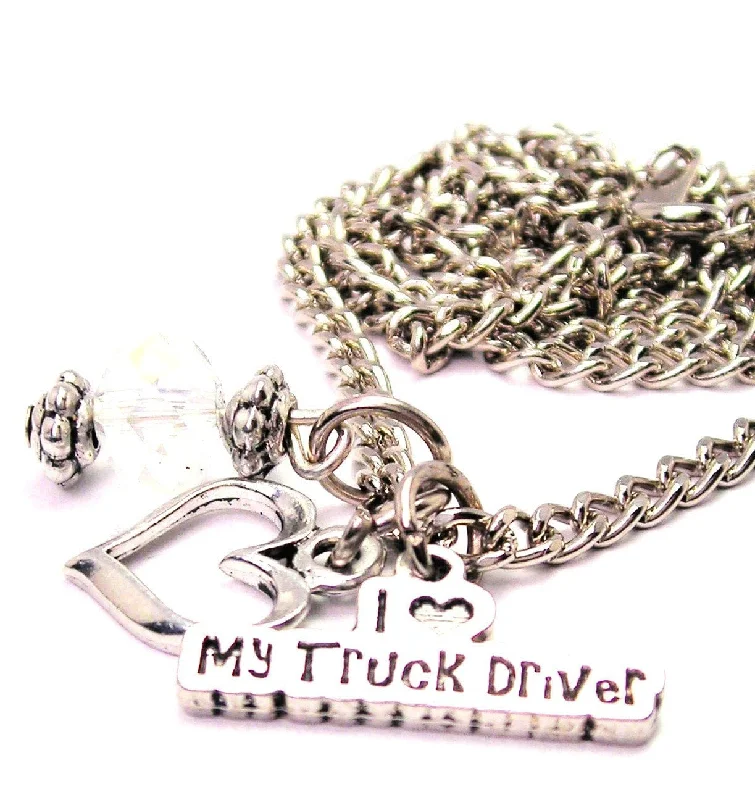 women's personalized charm necklaces-I Love My Truck Driver Necklace with Small Heart