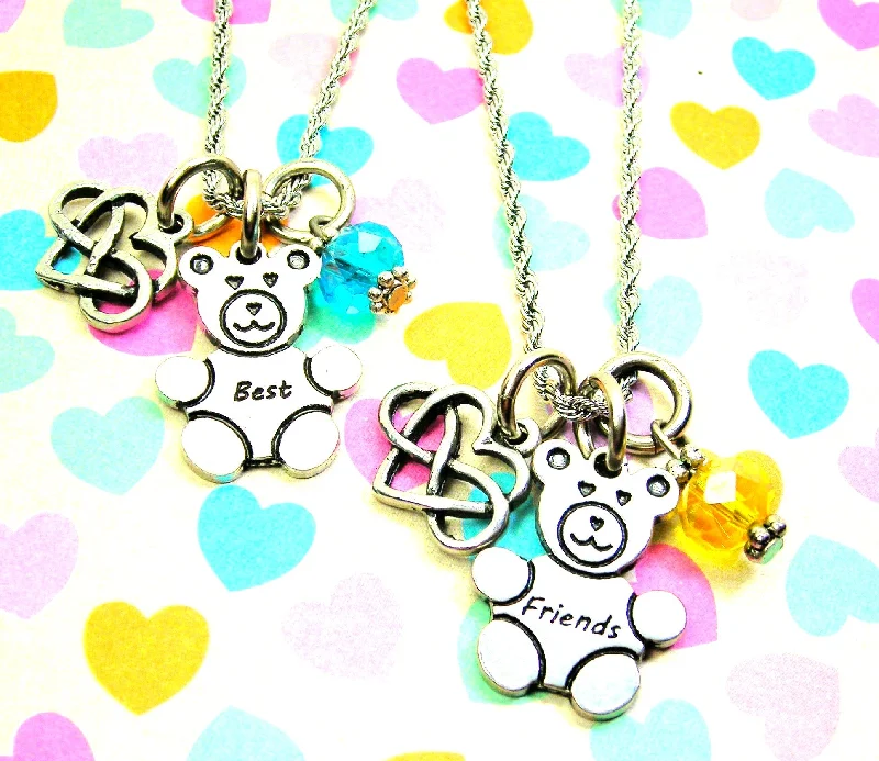 women's flower necklaces-Set Of 2 Best Friends Bears With Infinity Heart Necklaces