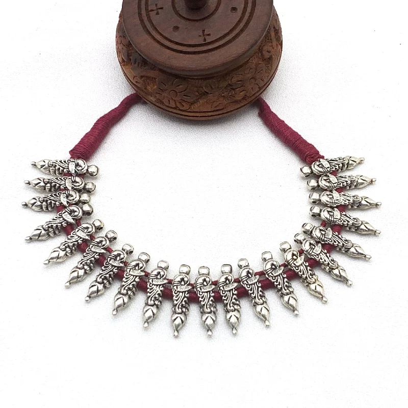 women's layered necklaces-Tribal Oxidized Silver Choker style Necklace with Red Dori