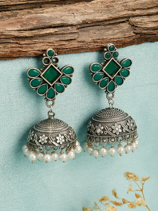 women's matching earrings sets-Green Stone Studded Silver & Pearl Beaded Oxidised Jhumka Earrings