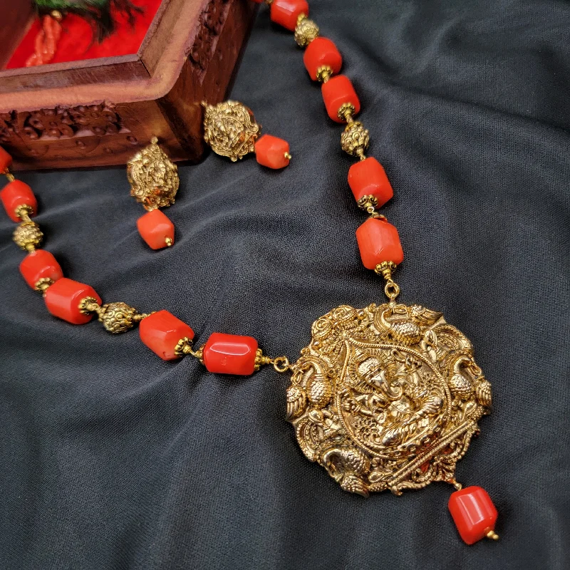 women's designer necklaces-Handmade Ganesha Antique Gold Coral Long Mala Necklace Set