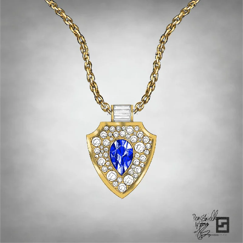 women's two-tone necklaces-SHIELD PENDANT NECKLACE WITH PEAR SHAPED SAPPHIRE