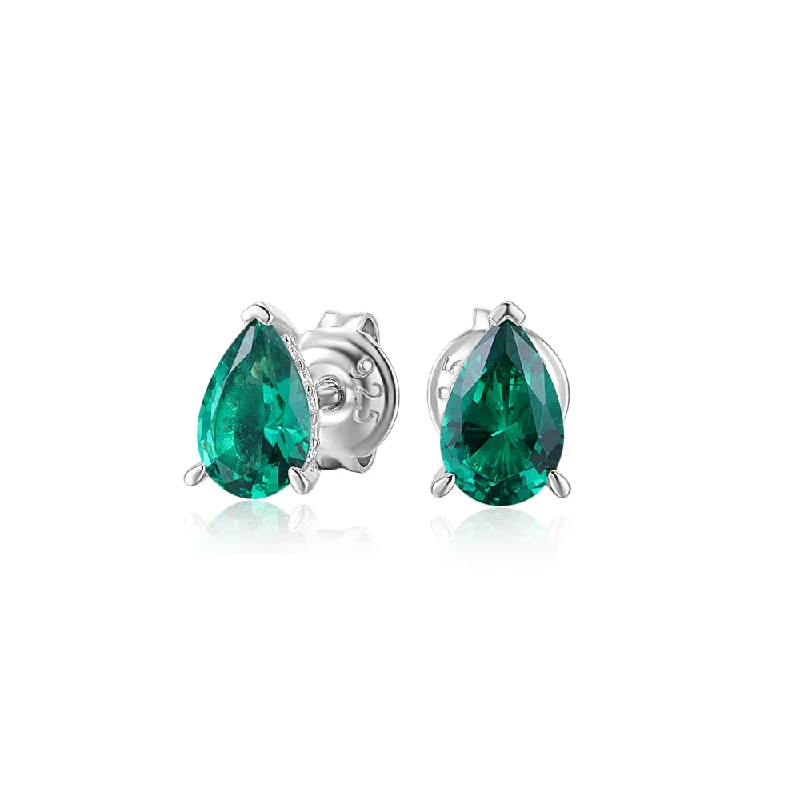 women's antique earrings-Pear stud earrings with emerald simulants in sterling silver